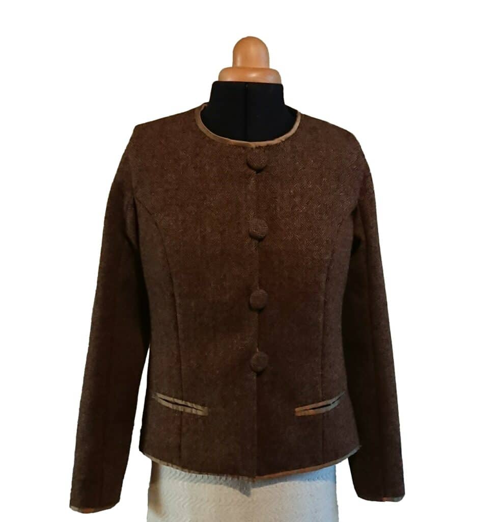 Organic wool tweed jacket trimmed and lined with silk.  Made to order.